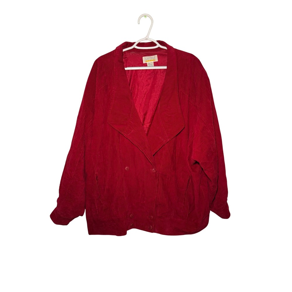 SAKURA SPORT Red Corduroy Double Breasted Blazer Jacket Womens 20W‎ Vintage